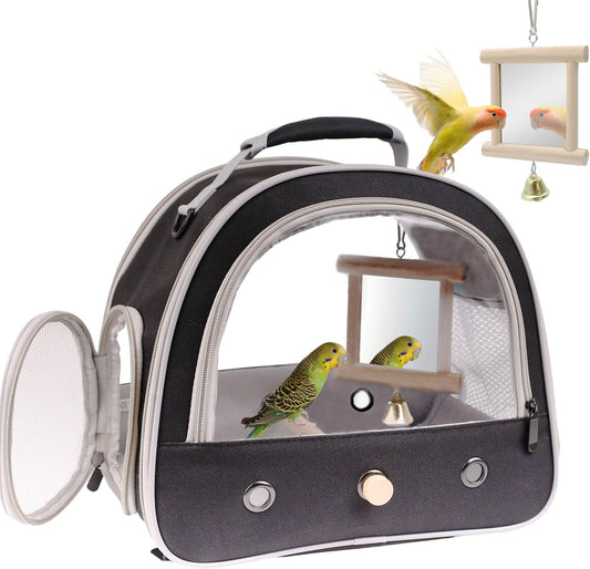 Portable Parrot Travel Cage Carrier with Small Swing Toy&Cage Colorful Toys Set Small Bird Parakeet Bag with Standing Perch Bird Carry Transport Bag (Black, Carrier/Mirror)
