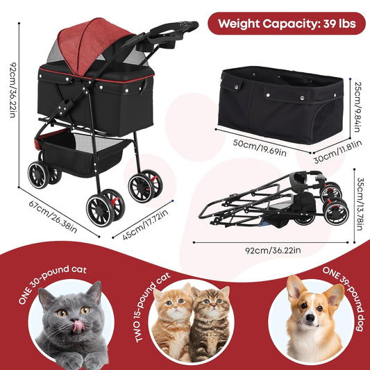 Pet Stroller,Dog Stroller for Small Medium Dogs Cats,3 Wheels,Foldable,with Breathable Mesh Canopy,Cup Holders,Easy Assembly,Red+Black