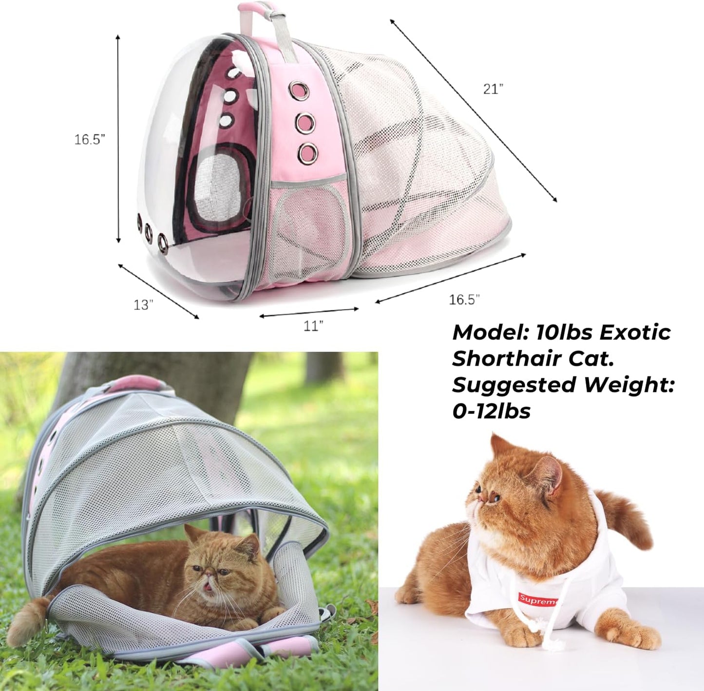 Lollimeow Cat Carrier Backpack, Bubble Expandable Backpack Carrier, Pets and Small Dogs,Airline-Approved, Designed for Travel, Hiking, Walking & Outdoor Use (Back Expandable-Pink)