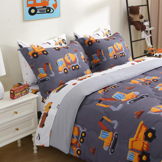 Kids Comforter Set 7 Piece Bedding Cute Car Cartoon Truck Bed Microfiber Comforter Full Size All Season Excavator Car Truck Printed