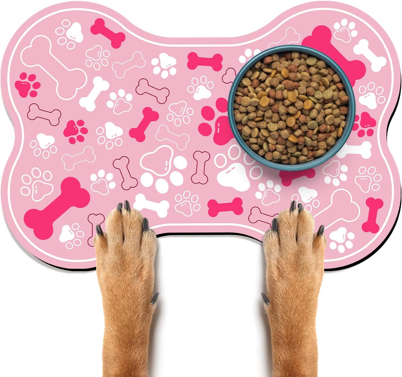 Dog & Cat Food Mat Bone Shaped Pet Feeding Mat Quick Absorb Water Bowl Placemat with Rubber Backing Indoor Floor Stain Resistant Pet Accessory Supplies (Light Pink Small, 12x18 Inches)