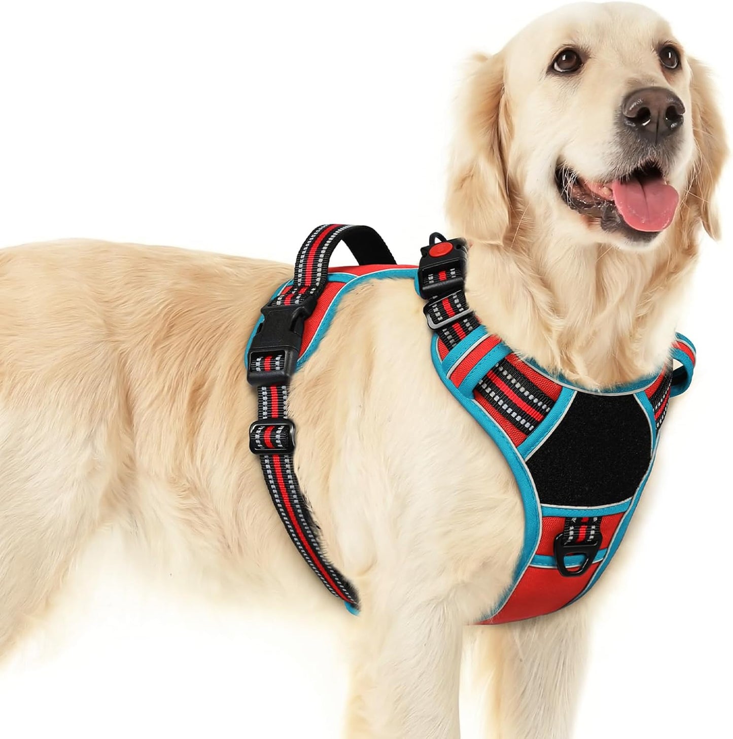 Eagloo Dog Harness for Large Dogs, Easy Wearing with 3 Buckles, Adjustable No Pull Pet Harness with 2 Rings for Walking, No Chock Reflective Soft Padded Vest with Control Handle, Red & Teal, L