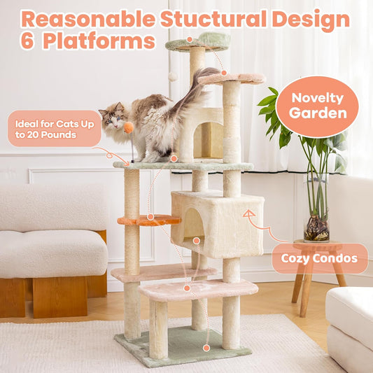 HYABi 59 Inch Flower Cat Tree Tower - Multi-Level Cat Condo with Plush Scratching Posts, Toy Balls, and Pet House, Indoor Play Platform for Large Adult Cats, Stylish Color Design