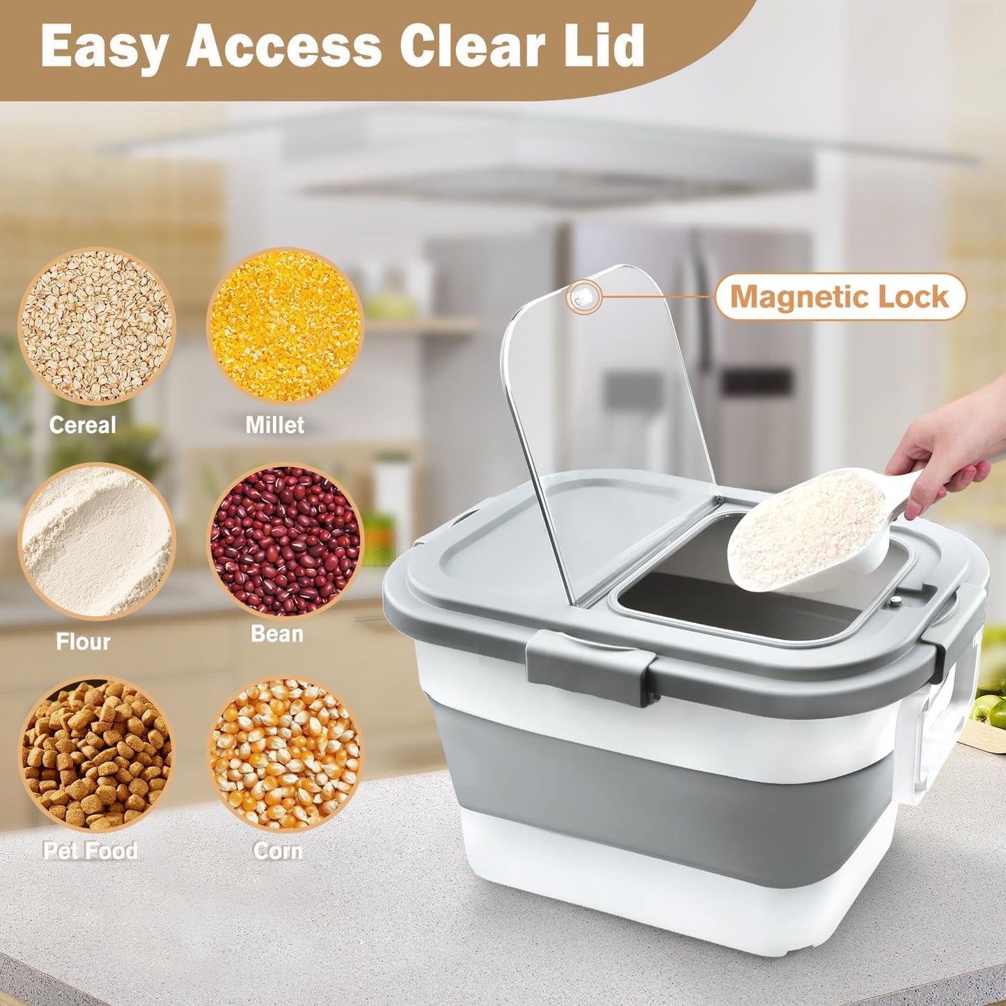 Rice Storage Container, Collapsible Airtight Food Storage Containers 6-20 Lbs, Rice Dispenser Bin with Cup and Scoop for Flour Cereal Pasta Grain, Cat Bird Pet Dog Food Storage Container