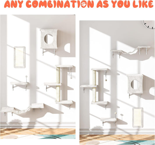 NUNU LAB Wall Mounted Cat Furniture, 5 Pcs Cat Wall Shelves with House, Bridge, Steps, Scratching Post, Shelves, Indoor Safe & Stable Furniture for Kittens Play, Beige