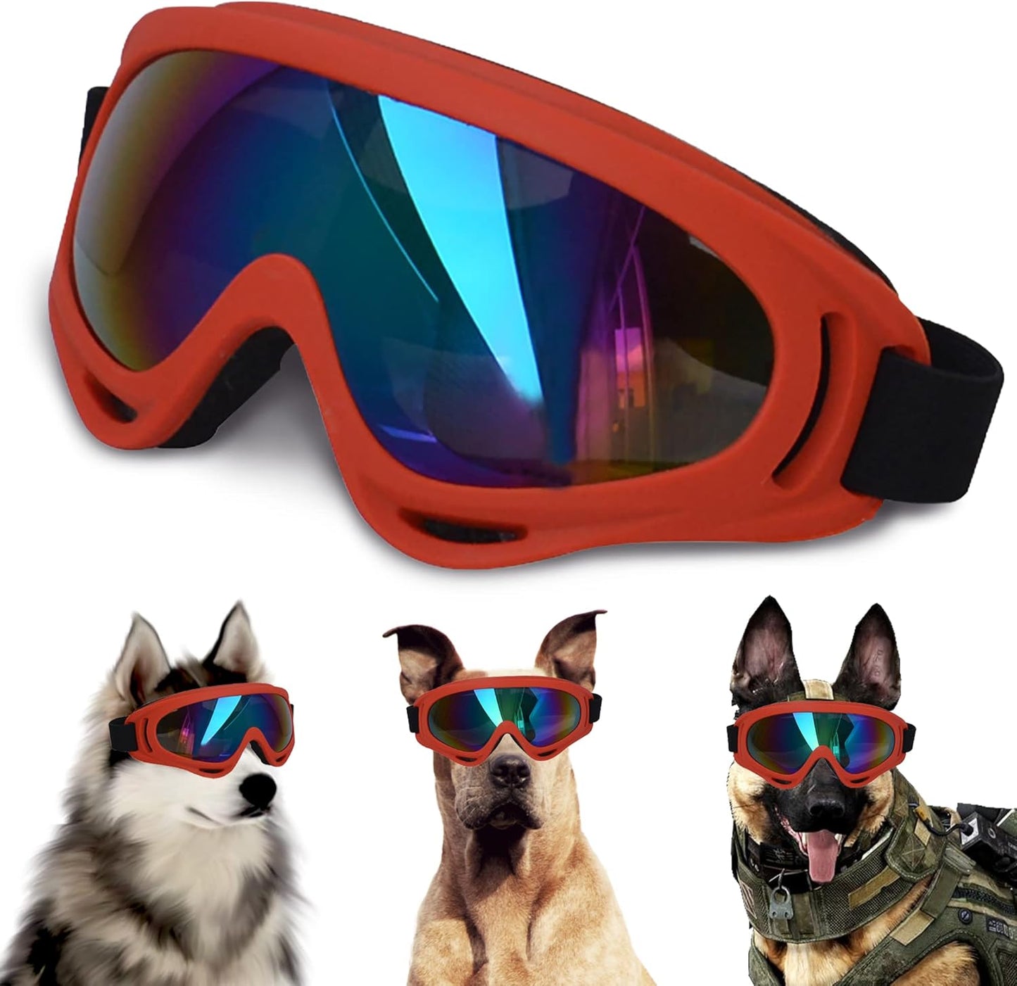 Winproof Adjustable Strap Dog Sunglasses, UV Protection, Soft Goggles (Red Frame)
