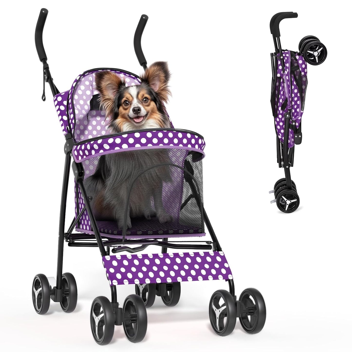 Magshion Compact Pet Stroller for Small-Medium Dogs/Cats up to 22lbs, 4-Wheel Lightweight Umbrella Shaped Portable Puppy Travel Jogger with Breathable Mesh & Rear Storage, Purple Polka Dots