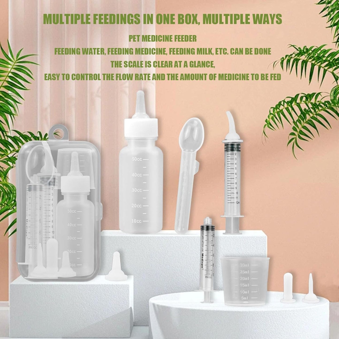 Suxgumoe Pet Feeding Bottle Set, Feeding Silicone Nipple with Bottle and Syringes, Reusable Pet Nursing Kits Feeding Tools for Rabbits, Small Animals (1 Bottle+3 Nipples+2 Syringes + 1 Cup+ 1 Spoon)