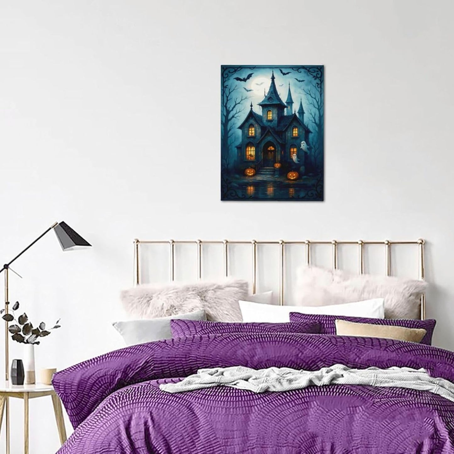 Halloween Gothic Wall Art Castle Pumpkin Ghost Bat Canvas Wall Decor Dark Academia Pictures Painting Print Framed Artwork Decorations Gifts for Halloween Living Room Bedroom Office 12"x16"