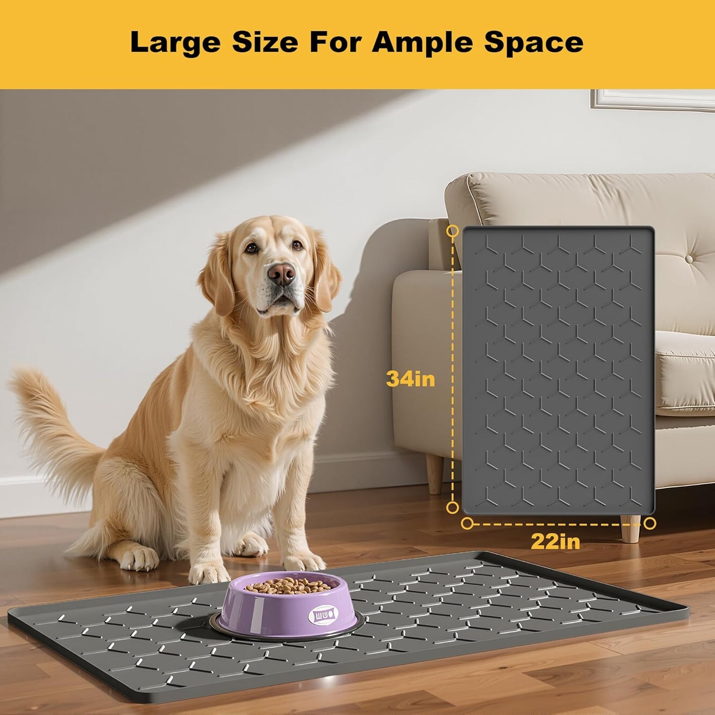 Pieviev Dog Cat Food Bowl Mat, Silicone Waterproof Food Grade Pet Food Mat for Floor, High Raised Edge to Prevent Spills, Non-Slip & Easy Clean Pet Placemat for Dog & Cat Bowls, 34''x22'', Dark Gray