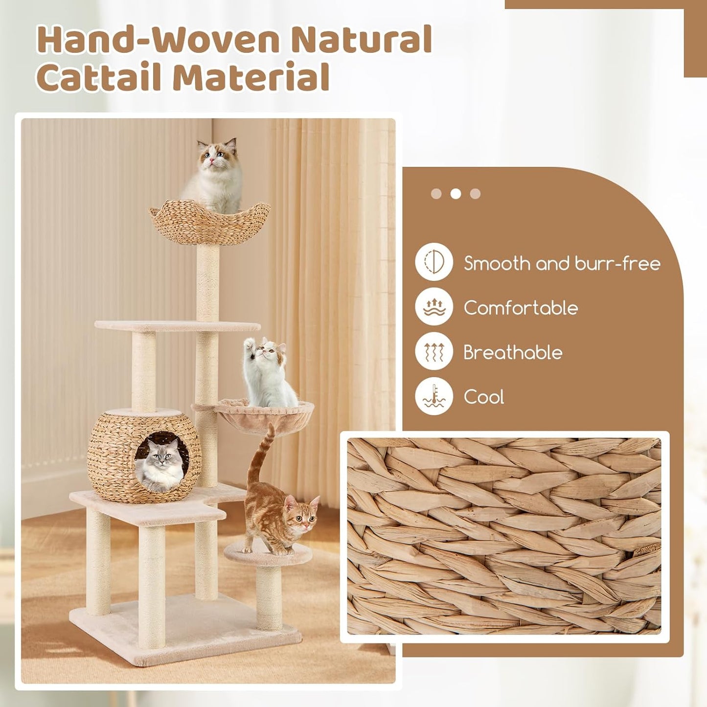 PETSITE 59 inch Cattail Cat Tree Tower, Multi-Level Cat Tower with Natural Sisal Scratching Posts, Condo, Basket, Top Perch and Jumping Platforms, Modern Tall Cat Tree for Indoor Cats