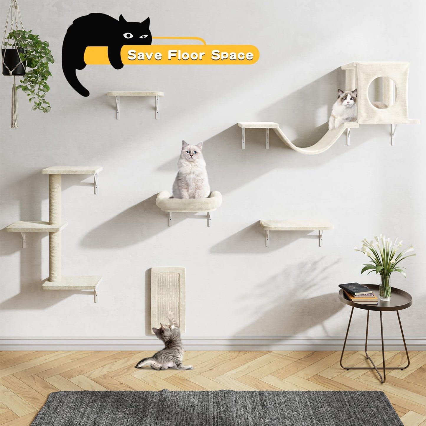 NUNU LAB Cat Wall Shelves, 6 Pcs Luxury Wall-Mounted Cat Climber Set, Indoor Cat Furniture with 1 Condos House, 2 Cat Wall Shelves, 1 Scratching, 1 Bridge Ladder, 1 Scratching Pad, White