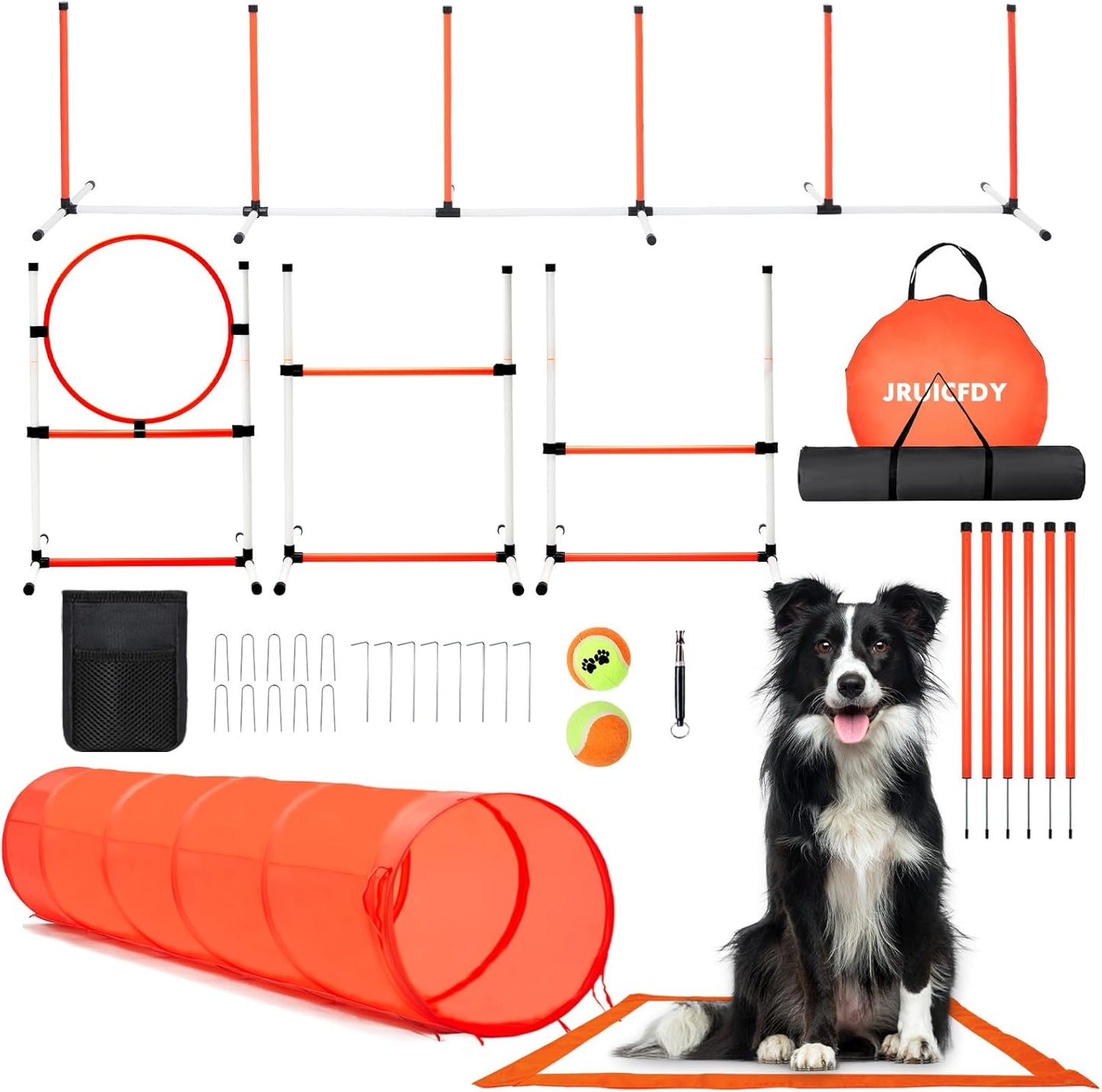 Dog Agility Course Backyard Set, Dog Agility Equipment, Pet obstacle Course Backyard with 6 Dual Mode Weave Poles, 2 Adjustable Hurdle, Jump Ring, Tunnel, Pause Box, Toy Balls and 2 Carrying Bags