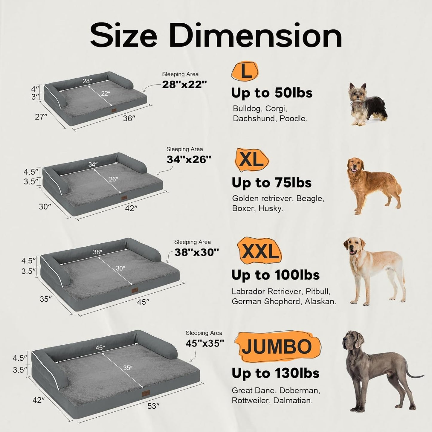 Large Dog Bed Orthopedic Washable - Memory Foam - XXL Large Big Dogs - Beds Bolster Pet - Couch Sofa - Waterproof with Removable Cover - Dark Grey Dog Bed