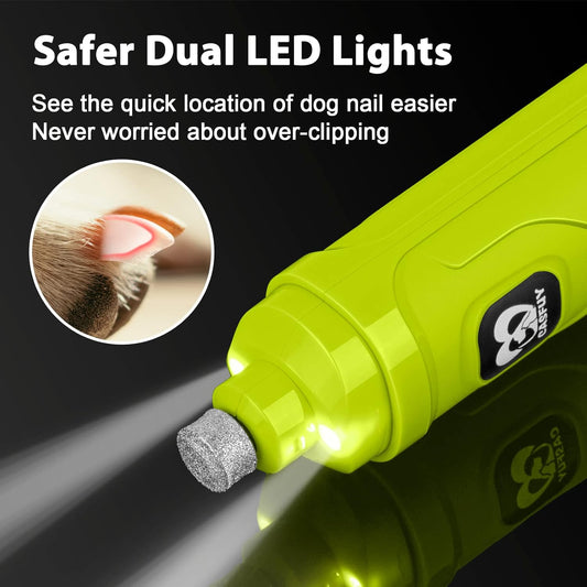 Casfuy Dog Nail Grinder with 2 LED Light - New Version 2-Speed Powerful Electric Pet Nail Trimmer Professional Quiet Painless Paws Grooming & Smoothing for Small Medium Large Dogs(Green)