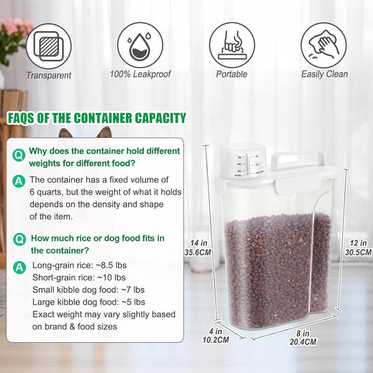 TBMax 2 Pack Cat Dog Food Storage Containers 10 to 14 Lbs, Portable Travel Pet Container Dispenser with Easy-Pouring Spout & Cup, Airtight Bird Seed Container Dog Treat Storage Bin -White