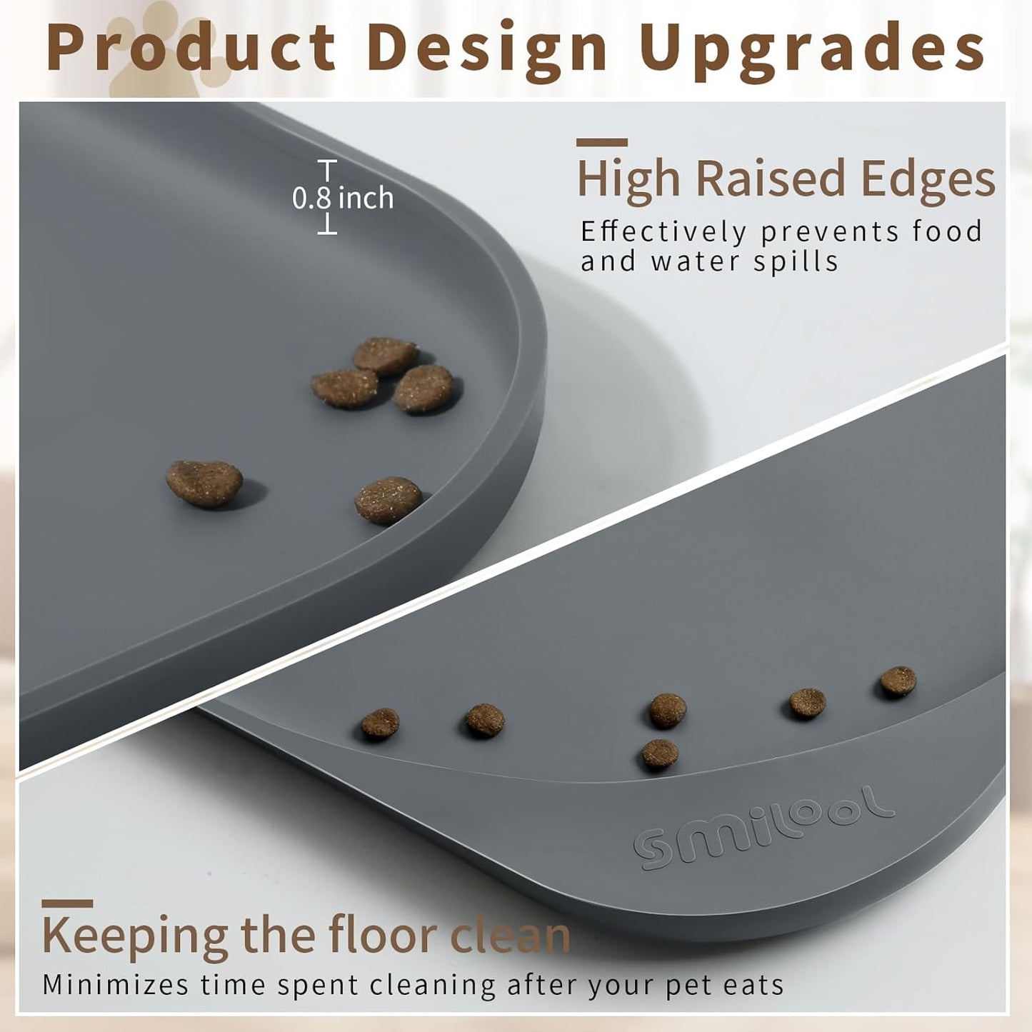 Silicone Pet Feeding Mat with Raised Edge & Residue Collection Pocket for Food and Water, Dog Bowl Mats, Cat Bowls Placemat with High Lip for Floor Waterproof, 24 x 16 x 0.8 Grey