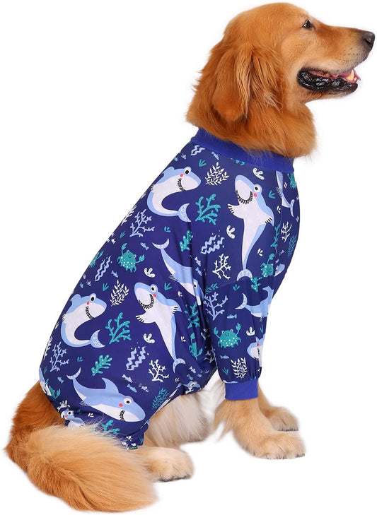 HDE Dog Pajamas One Piece Jammies Jumpsuit Pet Clothes Outfit Stretchy Lightweight Comfy Shirt Pjs for M-3XL Dogs Sharks - 3XL