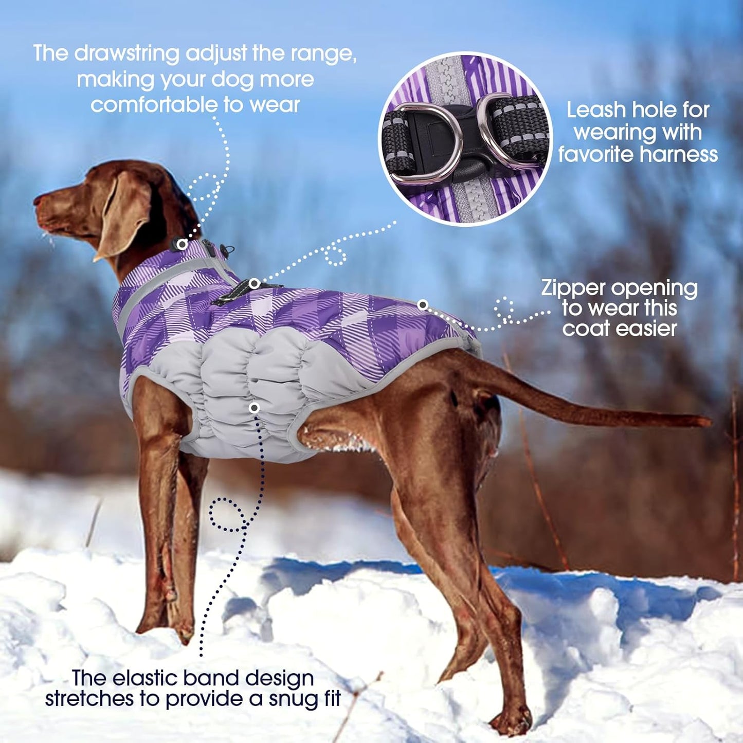 FUAMEY Dog Coat for Large Dogs,Waterproof Dog Winter Jacket with Harness Built in Puppy Cold Weather Coats Reflective Pet Vest with Zipper Warm Fleece Dogs Snowsuit Windproof Purple Plaid 3XL