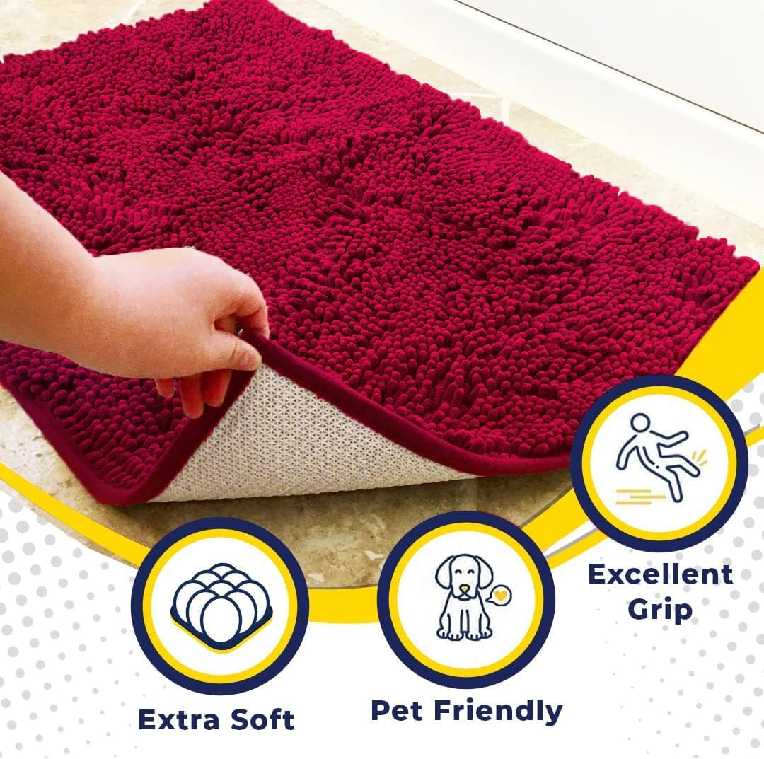 Muddy Mat® AS-SEEN-ON-TV Highly Absorbent Microfiber Door Mat and Pet Rug, Non Slip Thick Washable Area and Bath Mat Soft Chenille for Kitchen Bathroom Bedroom Indoor and Outdoor - Maroon 36" x 120"