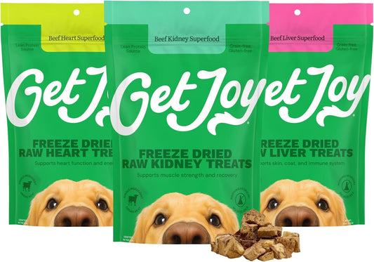 Get Joy Freeze Dried Superfood 100% Beef Heart, Kidney, Liver Dog Treats Variety Pack, 4 Ounce (Pack of 3), Single Ingredient Organ Meat, High Protein, Grain Free, Gluten Free, Made in USA