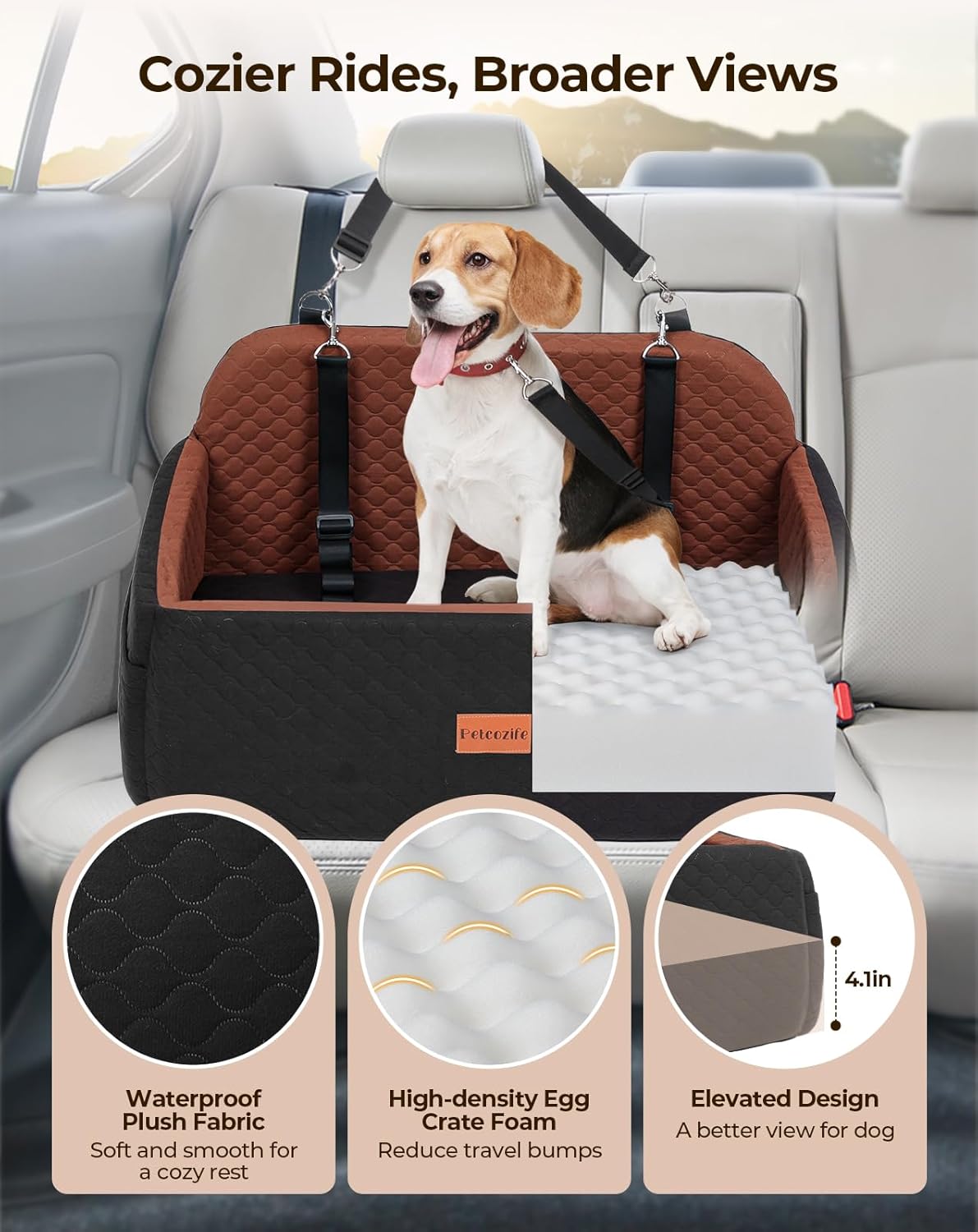 Dog Car Seat for Large Medium Dogs, Pet Car Seat Under 55 lbs or 2 Puppies, Removable Washable Pets Travel Booster Bed for Automotive Backseat with Comfy Thick Cushion, 2 Safety Leashes(Black/Brown)