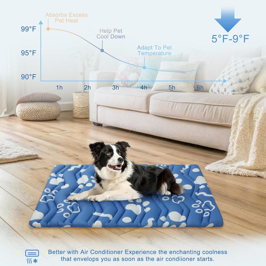 BEAUTYZOO Dog Cooling Mat- Upgraded Thicken Cooling Mat for Large Dogs Reversible(Cool & Warm) Pet Ice Cool Bed Washable & Portable, Summer Crate Pad for Big Dog Puppy Up to 44 lbs, Paw Blue 36X23IN