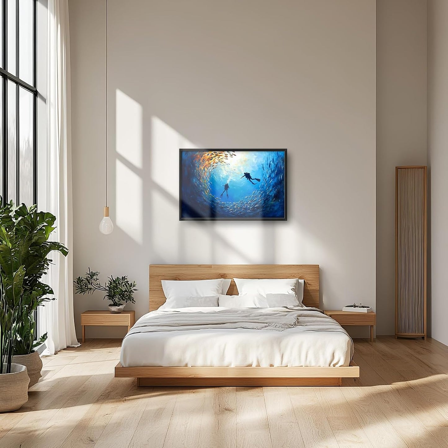 Large Ocean Diving Wall Art for Living Room, Framed Oversized Fish Wall Decor Underwater Marine Life Canvas Painting Modern Artwork for Living Room Bathroom Bedroom Office Dining Room 36"x24"