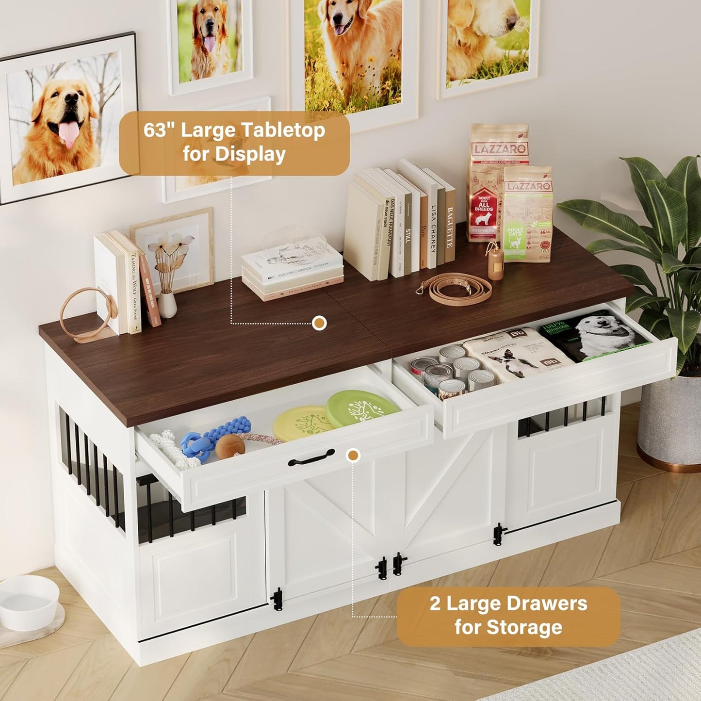 Large Dog Crate Furniture - Wooden Indoor Dog Kennel Furniture for 2 Dogs with Sliding Barn Door and Removable Divider, Heavy Duty Dog Crate Table, 63" L x 23.6" W x 31.5" H, White