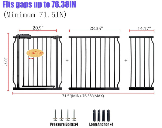 Baby Gates Extra Wide 71.5-76.4 Inch Large Baby Gates for Stairs Tension Pet Dog Gates Indoor for Doorways No Drilling Pressure Mounted Pet Gates for Kids