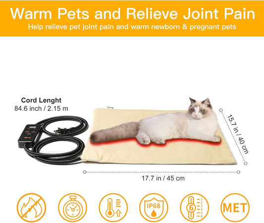 Toozey Pet Heating Pad, 6 Adjustable Temperature Heated Cat Bed with Timer, Waterproof Electric Heated Mat for Dogs and Cats, Chew Resistant Cord, Safe Indoor Use, 18x16in