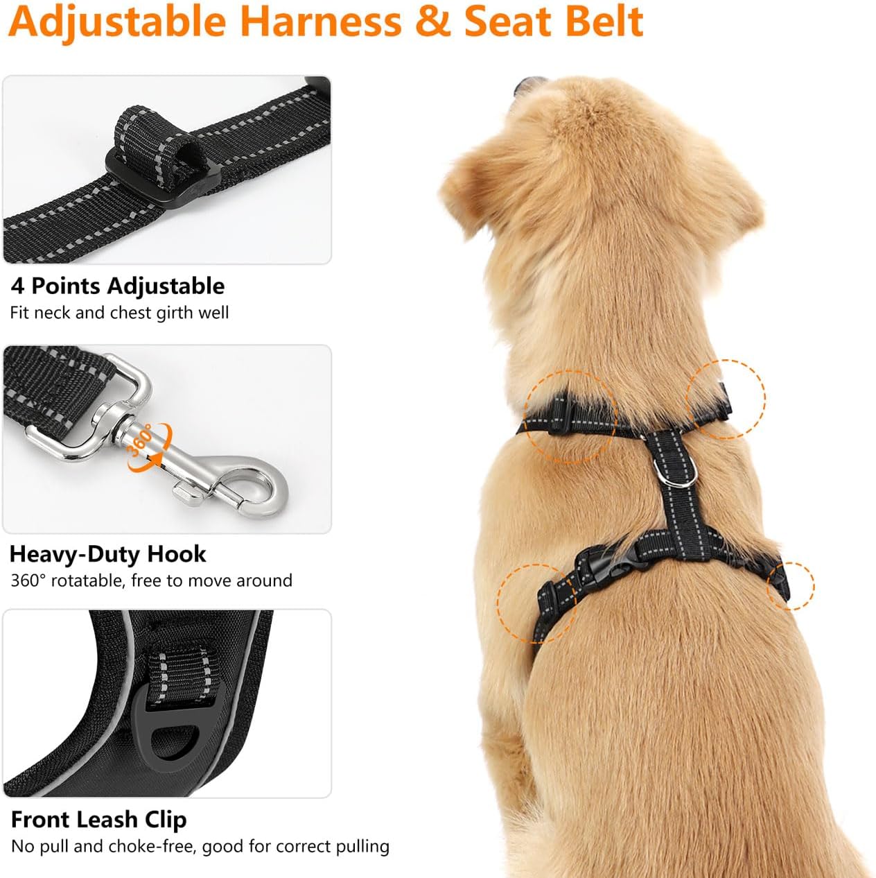 Dog Seat Belt Harness for Car, Dog Car Harness Adjustable Mesh Breathable & Dogs Seatbelt Safety Tether with Elastic Bungee for Small Medium Large Pets(Carbon Black, M)