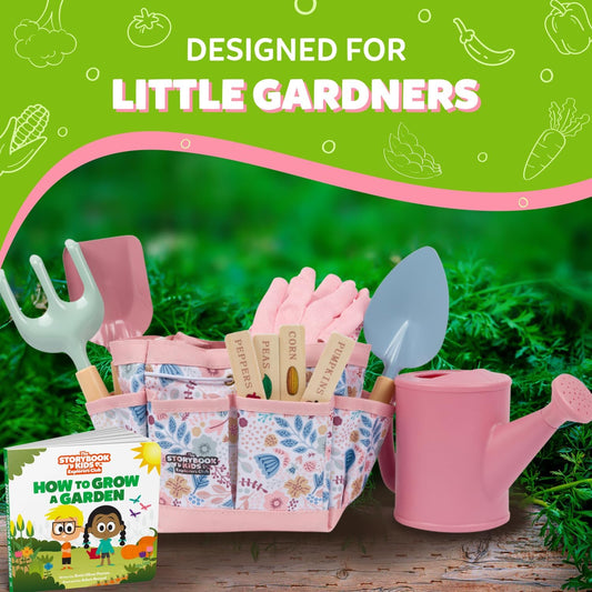 Floral Garden Kit Tools - Includes Sturdy Tote Bag, Watering Can, Gloves, Shovels, Rake, and Delightful Children's Book - Kids Garden Tool Set -Easter Gifts for Toddler Age on up