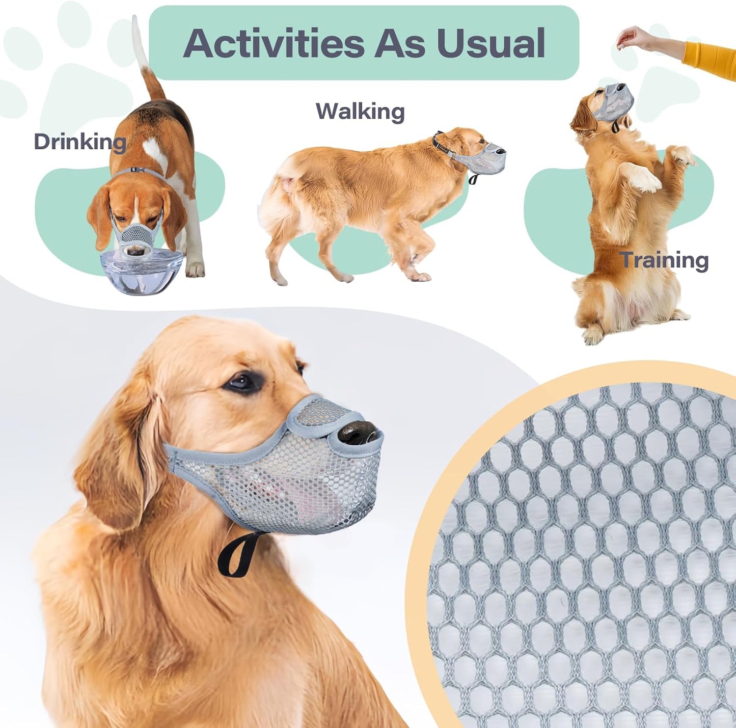 LUCKYPAW Dog Muzzle for Large Medium Small Dogs, Patented Mesh Muzzle to Prevent Biting Chewing Eating, Soft Mouth Guard with Front Opening Design for Drinking Panting(Grey, XXL)