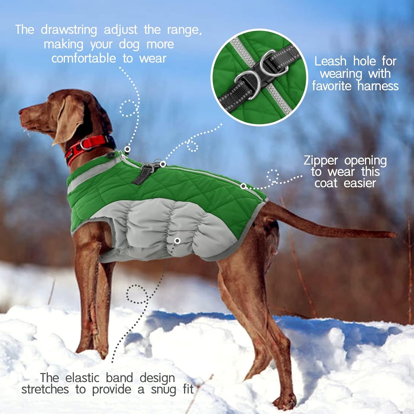 FUAMEY Dog Coat for Large Dogs,Waterproof Dog Winter Jacket with Harness Built in Puppy Cold Weather Coats Reflective Pet Vest with Zipper Warm Fleece Dogs Snowsuit Windproof Green XXL