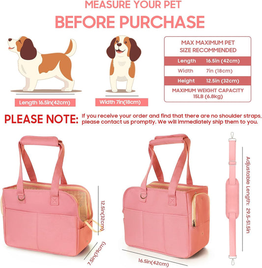 Dog Purse Carrier for Small Dogs, Soft Soft Sided Folding Dog Carriers for Small Dogs Medium Cats Puppies up to 15 Lbs, Washable Breathable Puppy Carrier for Outdoor Travel (Large Pink)