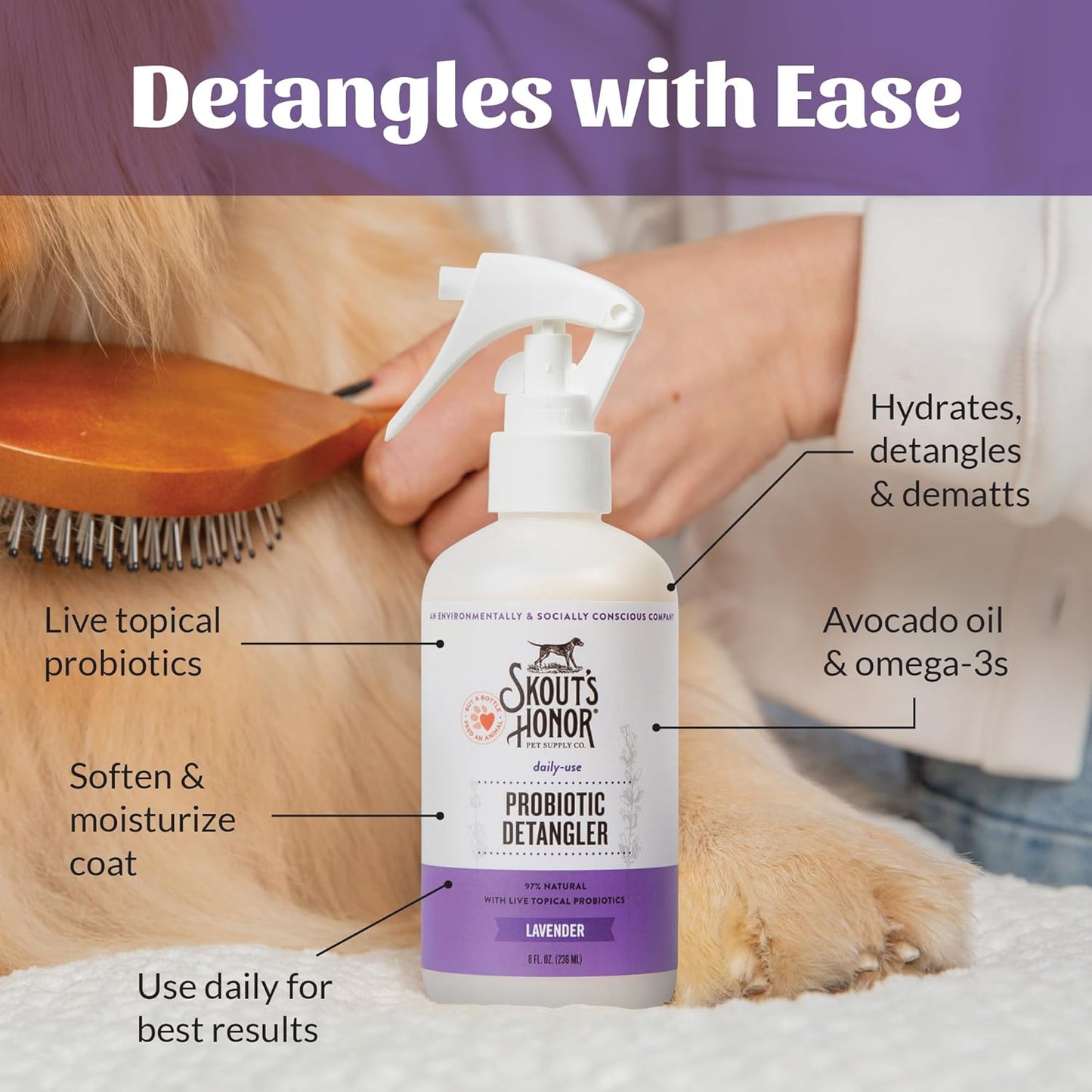 Skout's Honor Probiotic Pet Detangler Spray - Hydrating & Conditioning with Avocado Oil, 97% Natural, Paraben & Sulfate-Free, softens for a More brushable Coat, Daily Use, 8oz, Lavender, 2-Pack