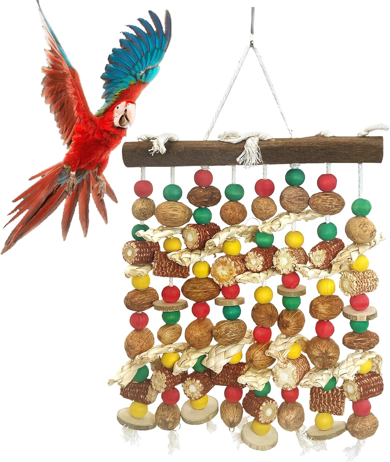 PINVNBY Large Parrot Toys Natural Nuts Corn Cob Wooden Chewing Tearing Toy for African Grey Macaws Amazon Cockatoos Eclectus Conures Cockatiels Cockatoo and Large Medium Parrot Birds (Colorful)