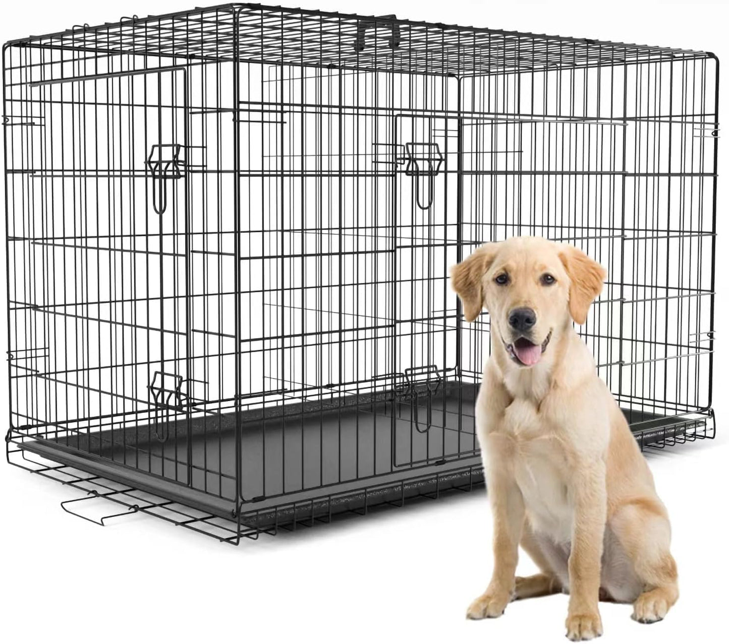 PetsTuff GREAT CRATES 48” XX-Large Dog Crate - Heavy-Duty Dog Kennel With Divider Panel For Pets 90-110lbs - Durable Leaf-Proof Tray - Foldable, Carry Handle & Wheels For Easy Moving - 2 Door Dog Cage