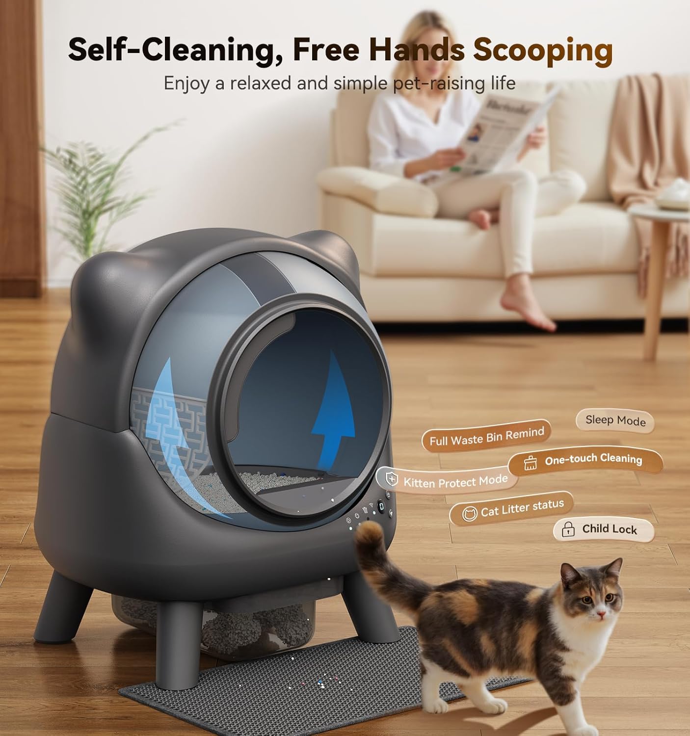 Self Cleaning Litter Box, Automatic Litter Box, FEELNEEDY Odor Control Litter Robot, Cat Ears Design, 65L APP Real-Time Monitor, Cat Litter-Boxs for Multiple Cats, Safety Sensors, with 1 Trash Bag