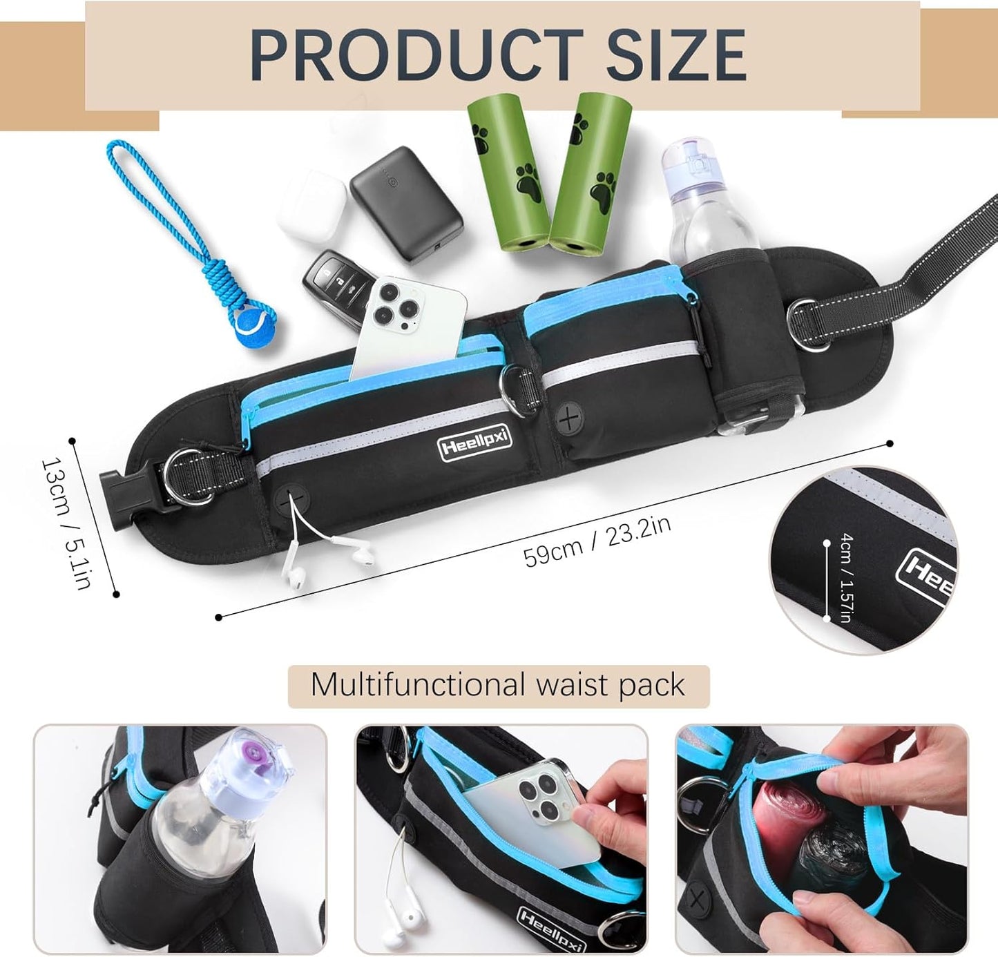 Hands-Free Waist Leash with Pouch for Two Dogs,Reflective Stitching, Dual Handle & Bungee Retractable Design – Ideal for Medium to Large Dogs (Blue) – Dog Walking Accessories