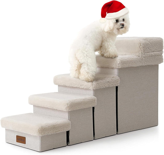 Dog Stair for Small Dogs with Storage, 21" H Foldable Pet Step with Soft Cover, Older Cat Ramp for High Bed or Car, Lightweight, Comfort, 39.7x13x21.2 inch, 5 Tiers, Beige