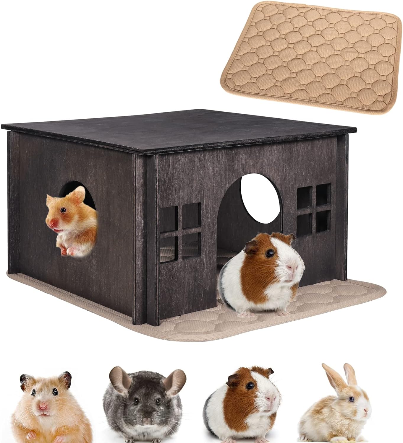 Wooden Guinea Pig House with Windows,Hamster Hideout, Large Size Suitable for Two Guinea Pig Hideout, Ventilated Wood Habitats Decor for Chinchilla, Hamster Mice Gerbils Mouse