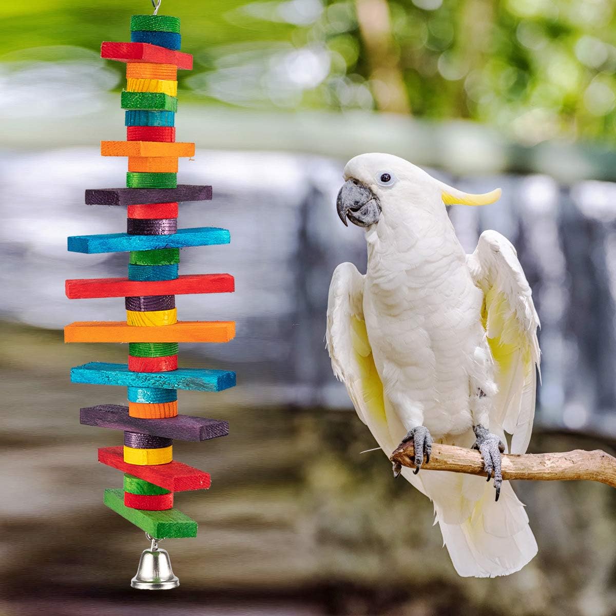 MEWTOGO 2 Pcs Bird Toys - Parrot Toys with Multicolored Natural Wooden Blocks, Chewing Sticks for Conures, Parakeets, Cockatiels, Lovebirds, African Grey, Macaws, Amazon Parrots - Bird Gift