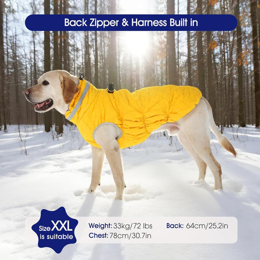 FUAMEY Dog Coat for Large Dogs,Waterproof Dog Winter Jacket with Harness Built in Puppy Cold Weather Coats Reflective Pet Vest with Zipper Warm Fleece Dogs Snowsuit Windproof Yellow 2XL