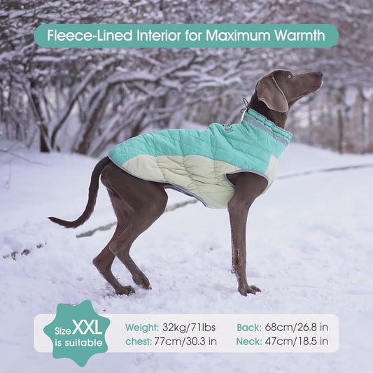 FUAMEY Dog Coat for Medium Dogs,Waterproof Dog Winter Jacket with Harness Built in Puppy Cold Weather Coats Reflective Pet Vest with Zipper Warm Fleece Dogs Snowsuit Windproof Mint Green M