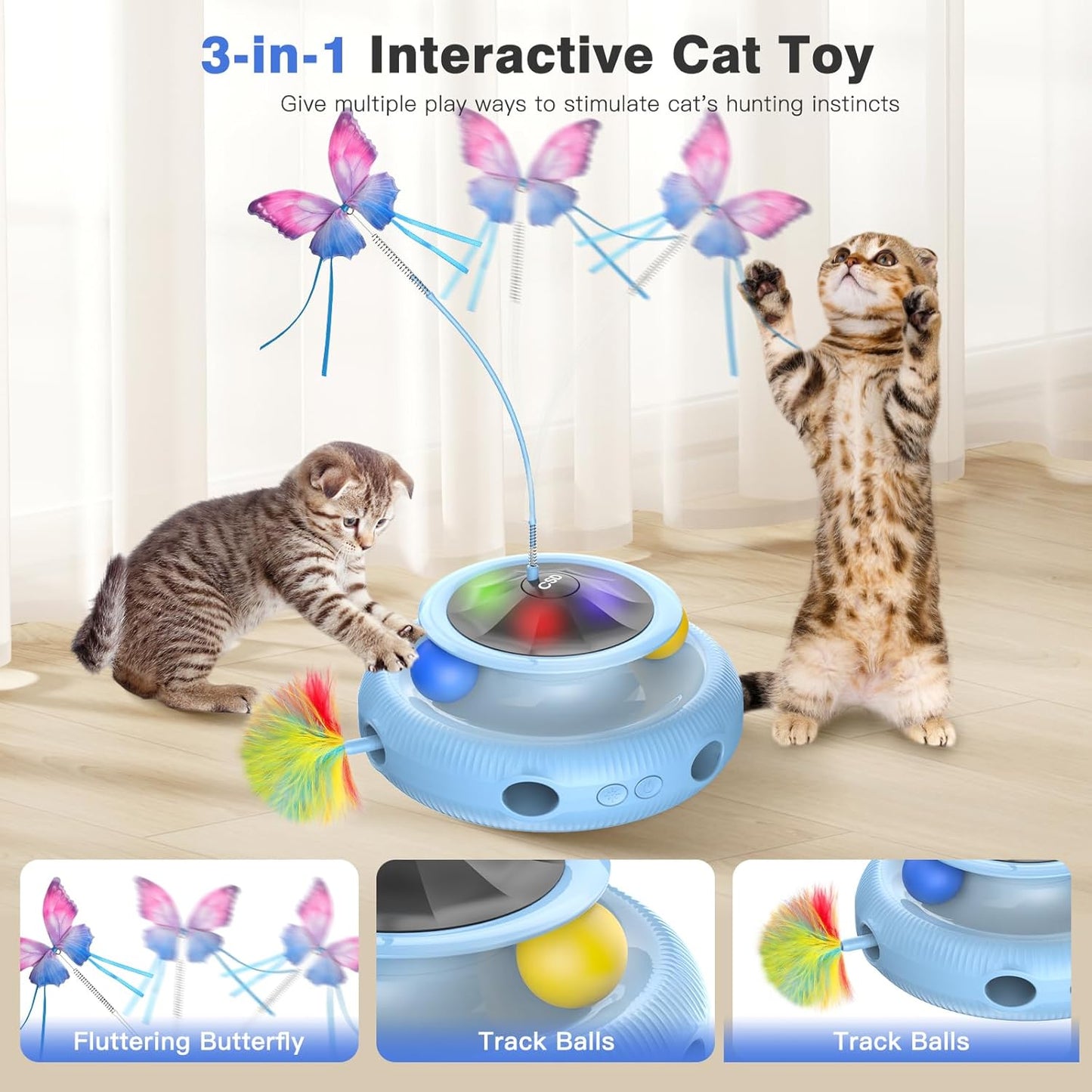 Automatic Interactive Cat Toys for Indoor Cats & Bored Adults - Kitten Toys with Fluttering Butterfly, Ambush Feather & Track Balls - Exercise & Stimulation for Playful Cats (Sky Blue)