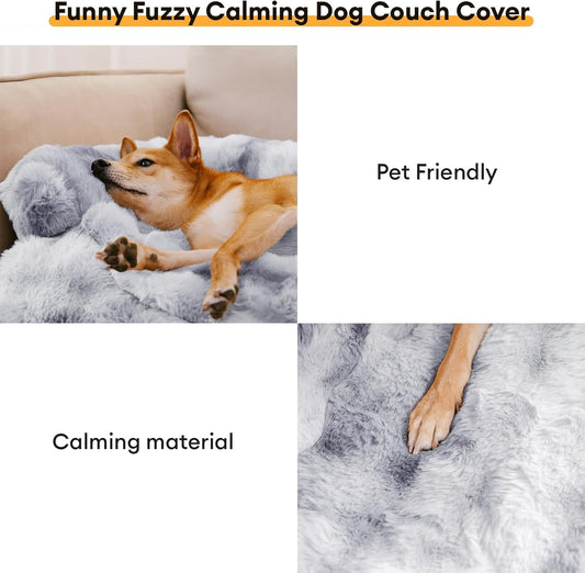 FUNNY FUZZY Pet Fluffy Fuzzy Couch Cover, Calming Washable Dog Bed Sofa Protector Pets Mat for Small Medium Dogs and Cats (Tie-dye Grey,33.45 × 28.35 × 5.51 in)
