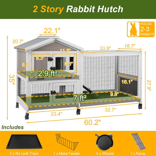 Rabbit Hutch Outdoor Indoor Bunny Hutch with Run 2-Story Large Rabbit Cage on 6 Wheels, 3 Leak Proof Trays, Ramp, Waterproof Roof for Small to Medium Animals, Expandable Design