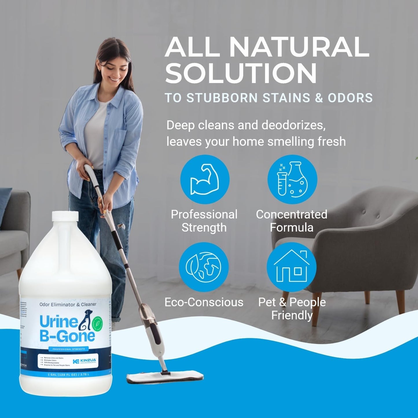 KINZUA ENVIRONMENTAL Urine B-Gone, Professional Enzyme Odor Eliminator & Pet Stain Remover, Human, Cat & Dog Urine Cleaner, Effective on Laundry, Carpets & More, Original Scent, 1 Gallon